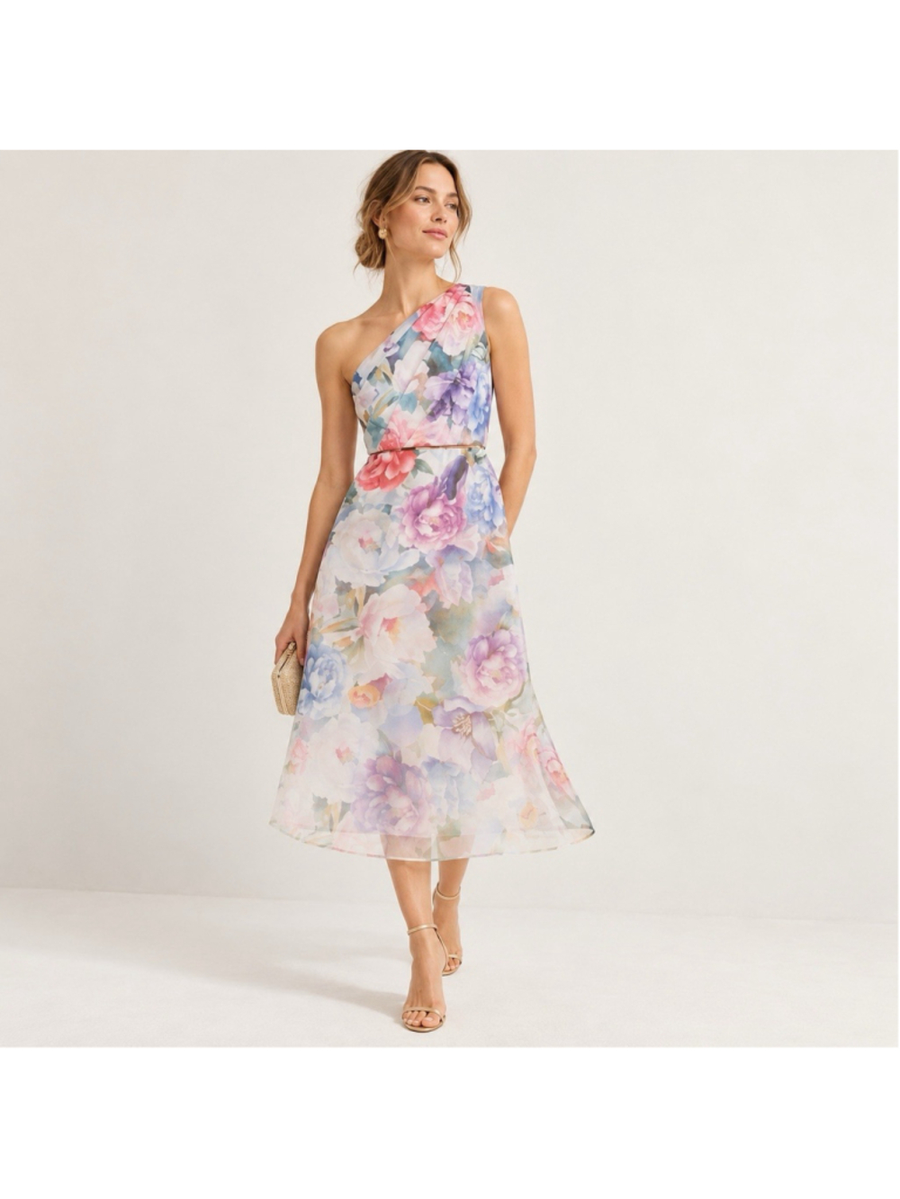 Adrianna Papell One-Shoulder Floral Organza Botanical Wedding 16W